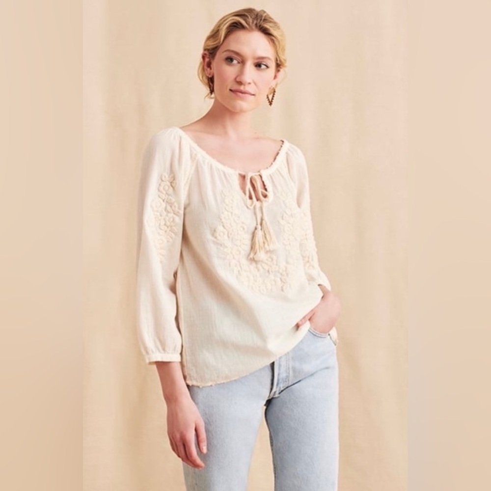 Faherty Cream Embroidered Blouse